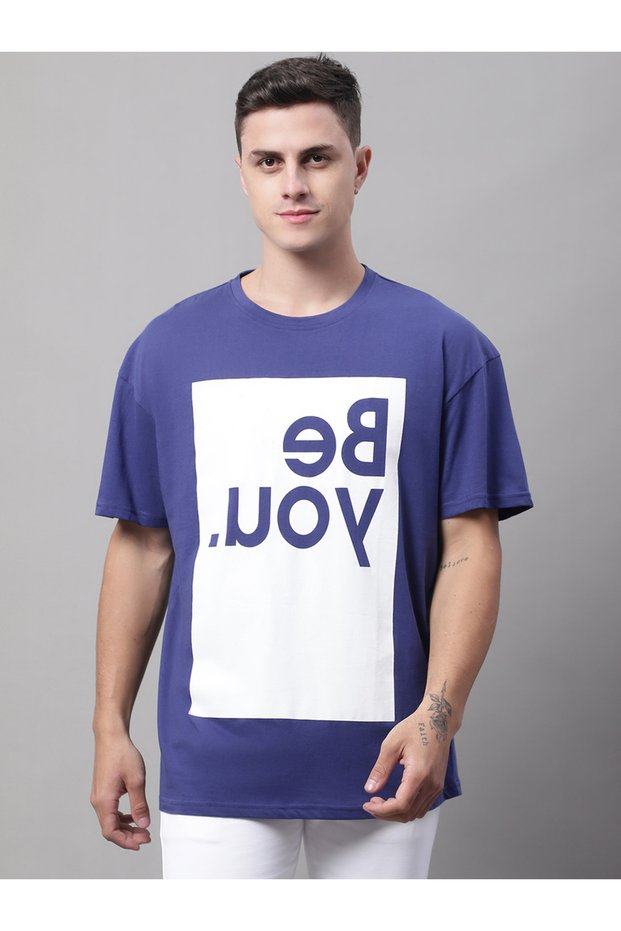 Men Navy Blue Graphic Print Oversized T-Shirt