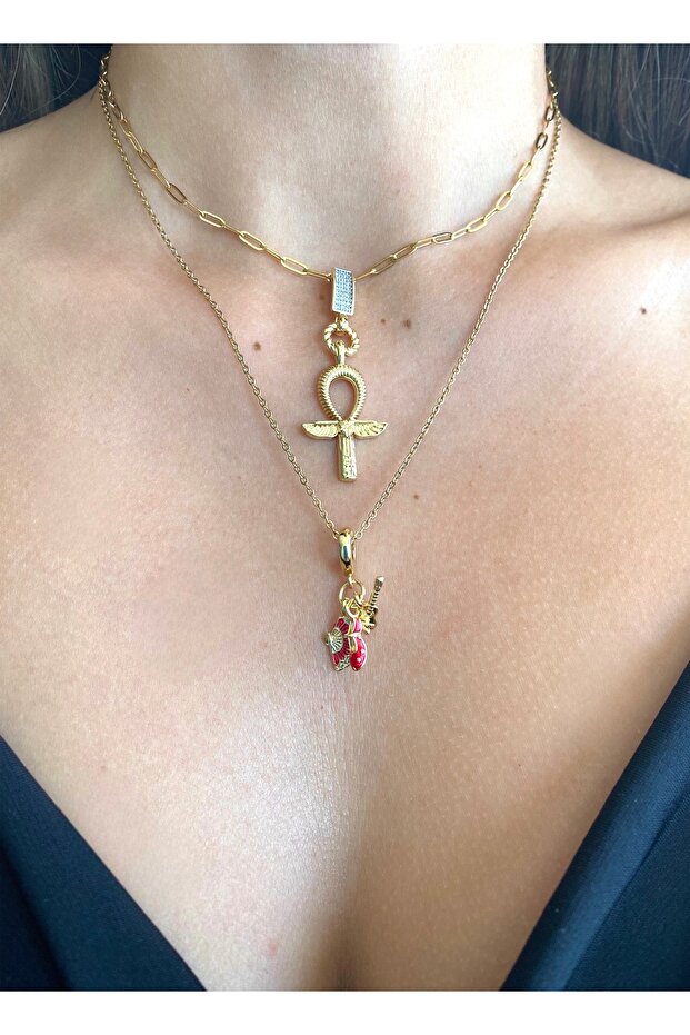 Ankh Kanatlı Gold Çelik Kolye - 3