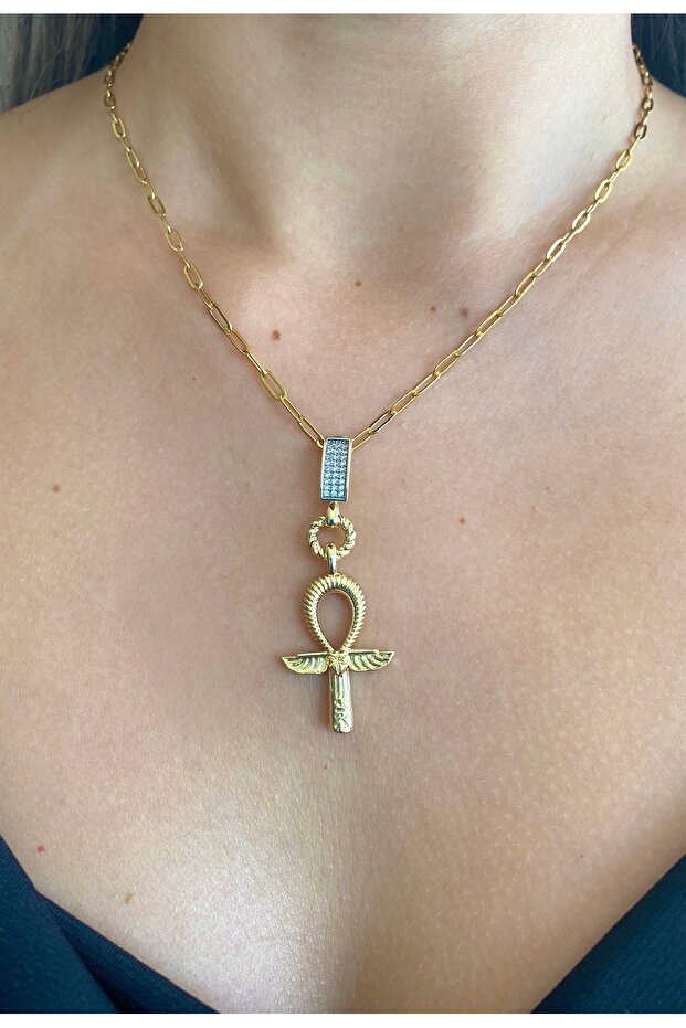 Ankh Kanatlı Gold Çelik Kolye - 1