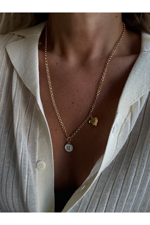 Gold Enamel Letter B Heart Necklace
