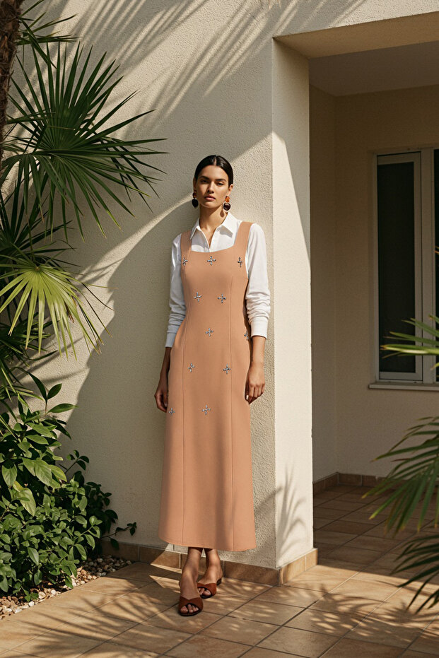 Camel Taş İşleme Detaylı Kare Yaka Dokuma Jile Elbise TCTSS23EB00157 - 1