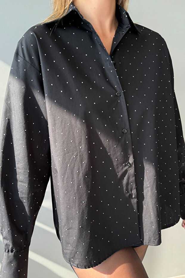 Siyah Taş Baskılı Oversize/Geniş Kalıp Gömlek TWOAW26GO00095 - 3