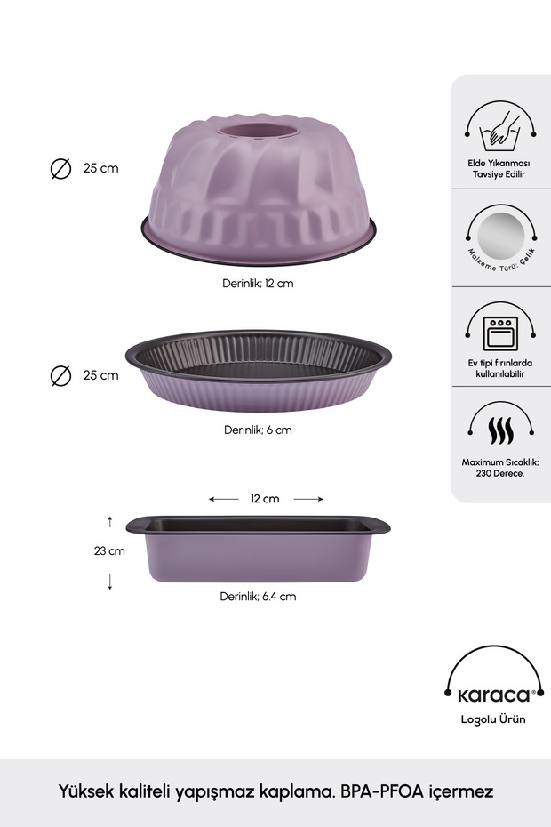 Multichef Valente 3 Parça Karbon Çelik Kek Kalıbı Seti Pink - 2