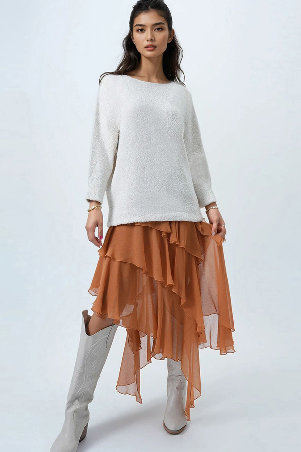 Women's Vanilla Boat Neck Bat Sleeve Boucle Sweater Alc-X14441