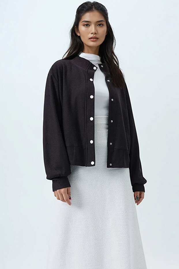 Bitter Brown Soft Textured Double Pocket Bomber Jacket with Fleece Inside Alc-X14412