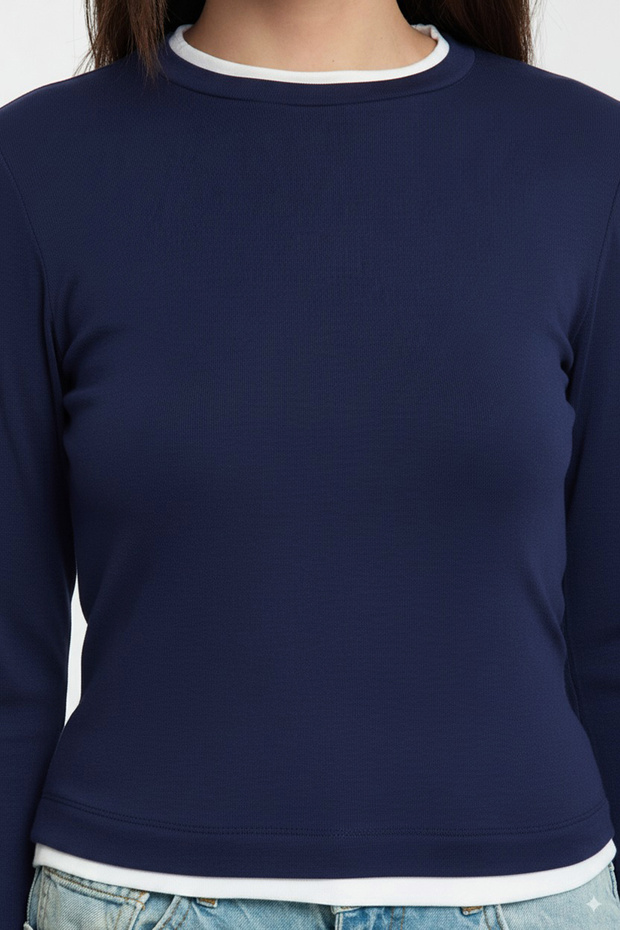 Lacivert Renk Bloklu Fitted/Vücuda Oturan Viskon/Yumuşak Kumaşlı Esnek Örme Bluz TWOAW25BZ00114 - 4