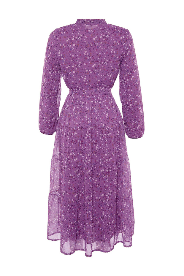 Liliowa, kwiatowa wzorzysta sukienka z paskiem i stójką, szyfonowa, tkana sukienka TCTSS21EL3346 - 9