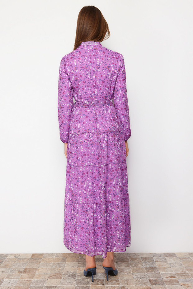 Liliowa, kwiatowa wzorzysta sukienka z paskiem i stójką, szyfonowa, tkana sukienka TCTSS21EL3346 - 6