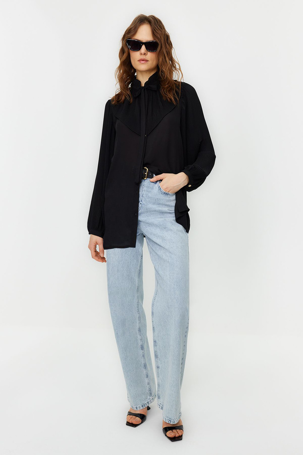 Black Ruffled Chiffon Woven Shirt TCTSS24TG00014