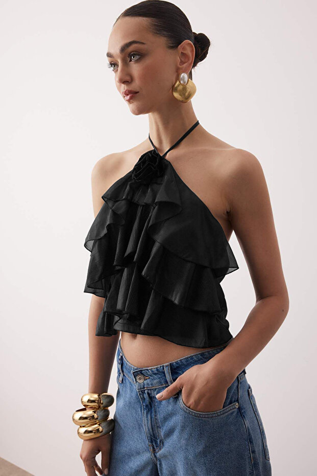 Black Flounced Rose Detailed Bustier Tpraw26Bs00000