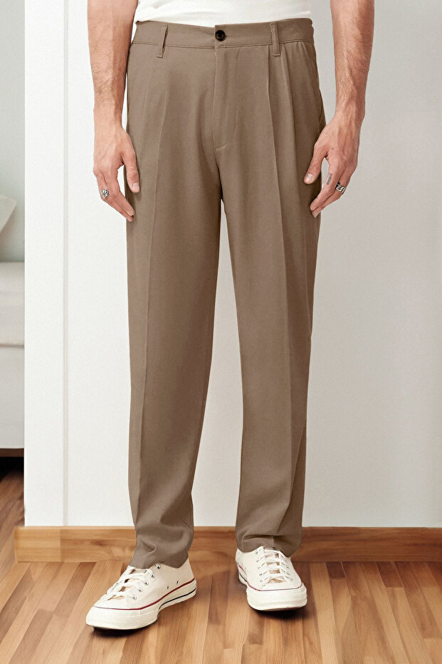 Bej Pileli Klasik Baggy Fit Kumaş Pantolon TMNSS24PL00024 - 1