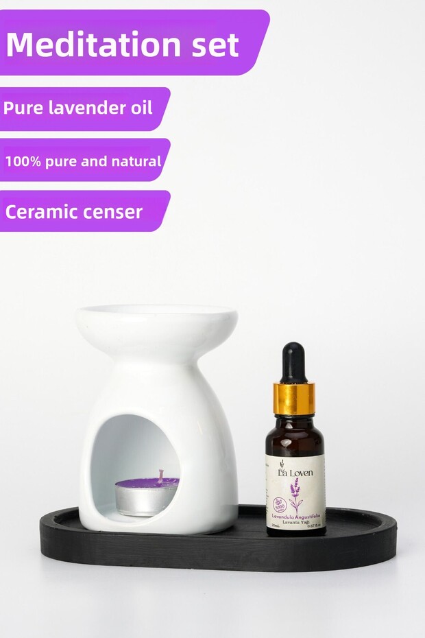 Meditation Duo | Lavender Oil 20 ml and Plain White Censer + 1 Tealight Candle | 100% Natural