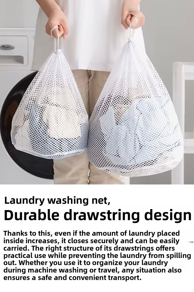 Set of 3 Curtains and Laundry Nets - Large Size Drawstring Laundry Net 60X80 cm White - 2