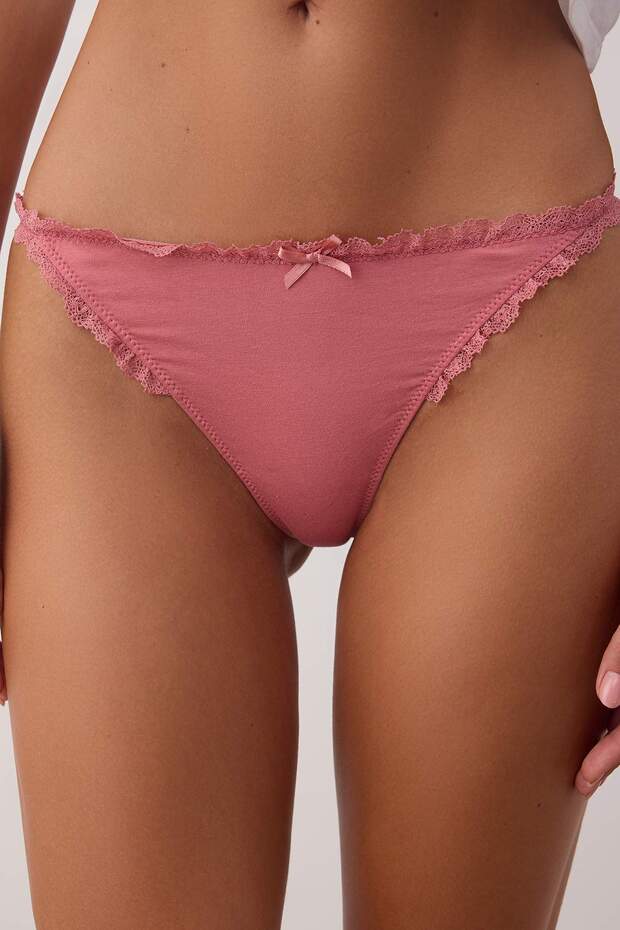 Pembe-Çok Renkli 3'lü Pamuklu Kurdele/Fiyonk ve Dantel Detaylı Örme Tanga Külot THMAW26KU00007 - 4