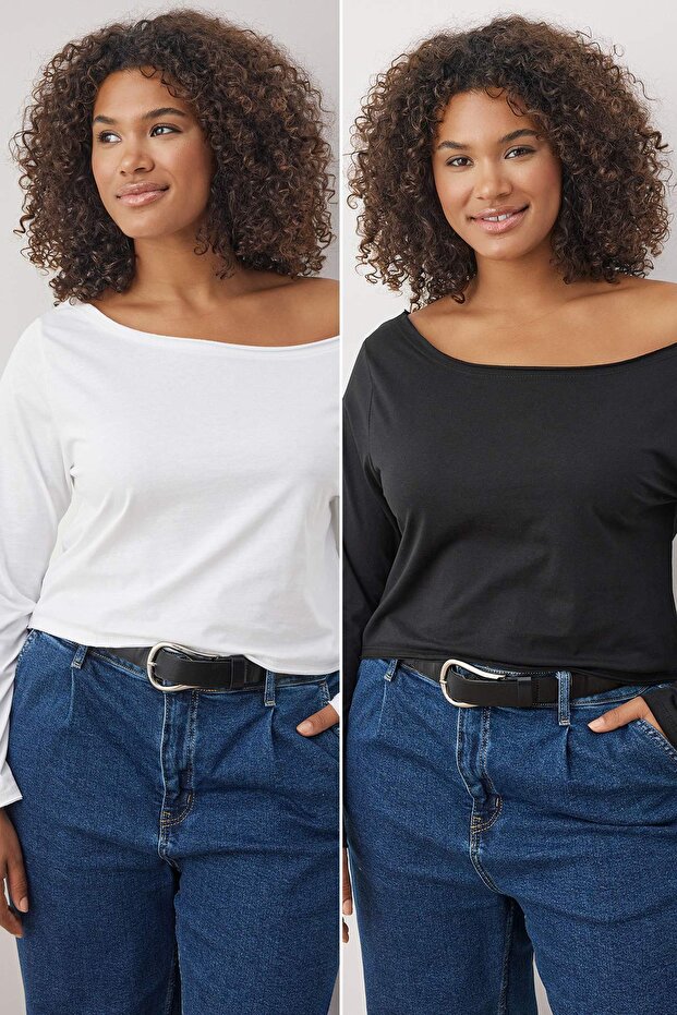 Siyah-Beyaz 2'li Paket %100 Pamuk Asimetrik Kayık Yaka Crop Örme T-Shirt TBBAW26BF00001 - 1