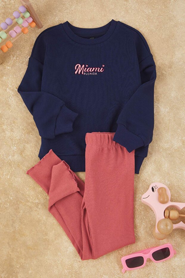 Lacivert Pamuklu Baskılı Oversize Örme Kız Çocuk Tayt-Sweatshirt Örme Alt - Üst Takım TKDAW26AU00023 - 2