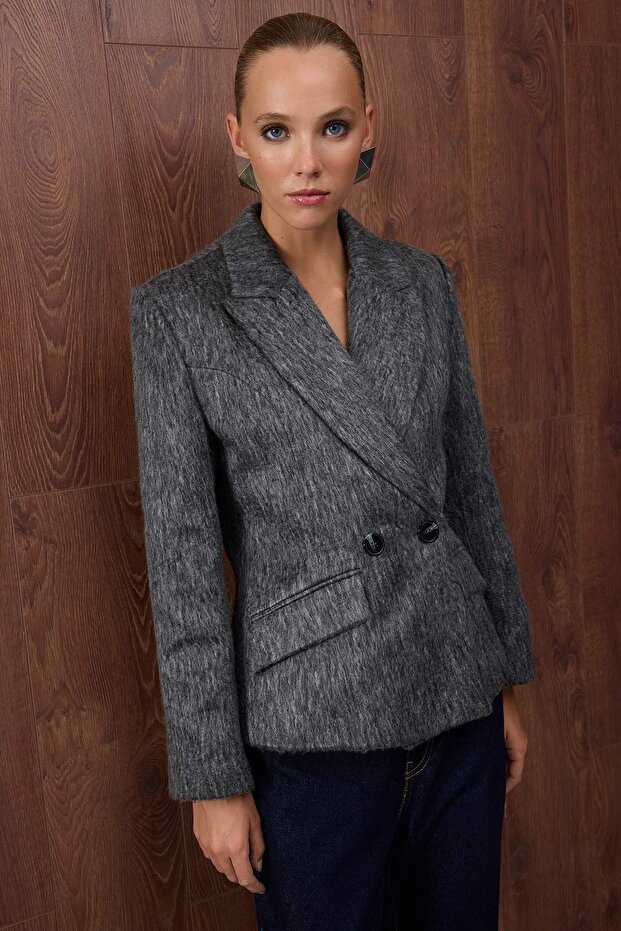 Özel Koleksiyon Antrasit Kaşe Bele Oturan/Fitted Yün İçerikli Blazer Ceket TWOAW26BC00026 - 1