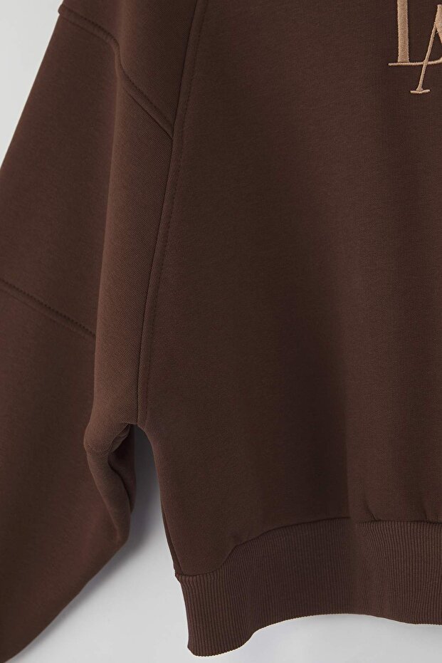 Kahverengi Bisiklet Yaka Regular Fit Nakışlı Kalın İçi Polarlı Örme Sweatshirt TWOAW24SW00199 - 7