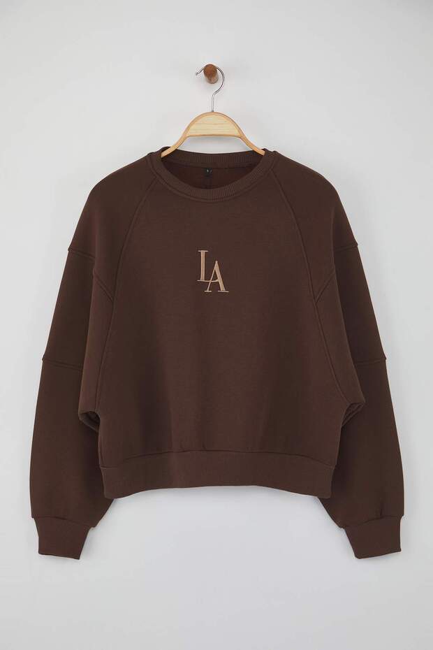 Kahverengi Bisiklet Yaka Regular Fit Nakışlı Kalın İçi Polarlı Örme Sweatshirt TWOAW24SW00199 - 5