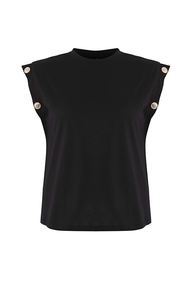 Siyah Bisiklet Yaka Düğme Detaylı %100 Pamuk Örme Büyük Beden T-shirt TBBSS25BF00010 - 3