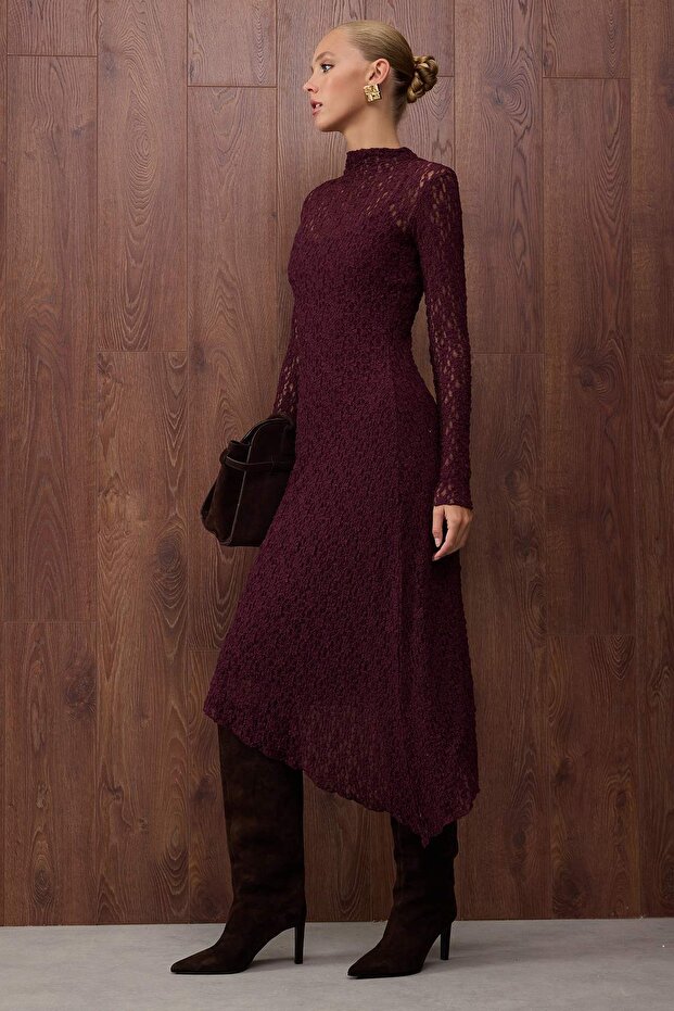 Özel Koleksiyon Mürdüm Düz Asimetrik Bodycon/Vücuda Oturan Maxi Örme Dantel Elbise TWOAW26EL00057 - 2