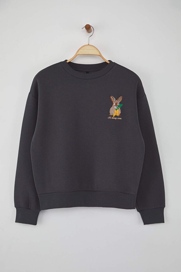 Antrasit Animal Nakışlı Regular/Normal Kalıp Kalın İçi Polarlı Örme Sweatshirt TWOAW24SW00196 - 5