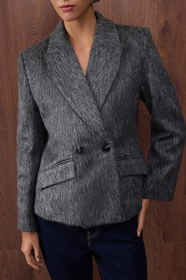 Özel Koleksiyon Antrasit Kaşe Bele Oturan/Fitted Yün İçerikli Blazer Ceket TWOAW26BC00026 - 3