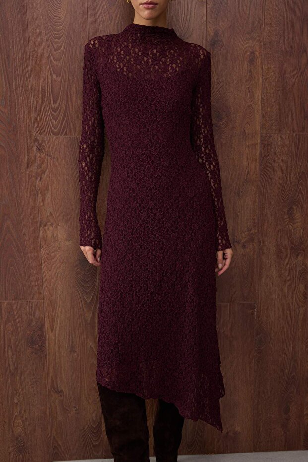 Özel Koleksiyon Mürdüm Düz Asimetrik Bodycon/Vücuda Oturan Maxi Örme Dantel Elbise TWOAW26EL00057 - 3