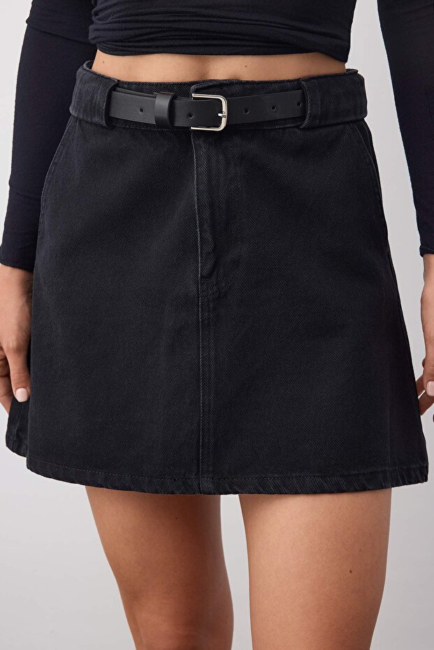 More Sustainable Siyah More Sustainable Kemer Detaylı Denim Etek TWOAW26ET00027 - 7