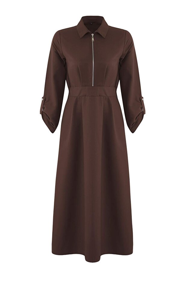 Koyu Kahverengi Fermuar Detaylı Gabardin Elbise TCTAW26EB00022 - 5