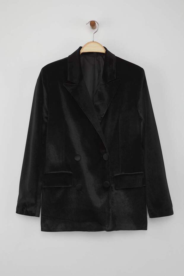 Siyah Kruvaze Regular/Normal Kalıp Dokuma Kadife Blazer Ceket TWOAW26BC00015 - 5