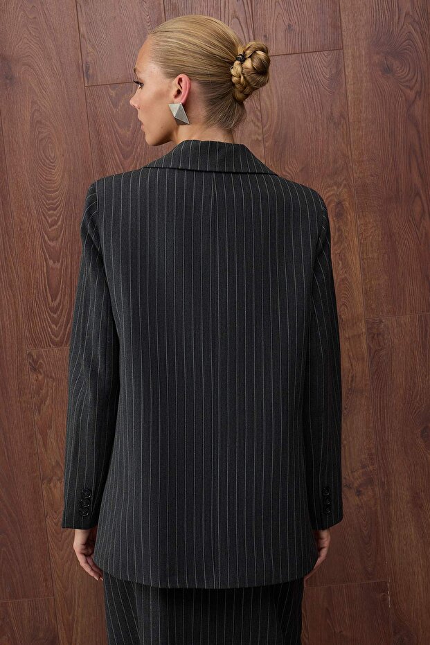 Özel Koleksiyon Antrasit Regular Astarlı Dokuma Çizgili Blazer Ceket TWOAW23BC00135 - 5