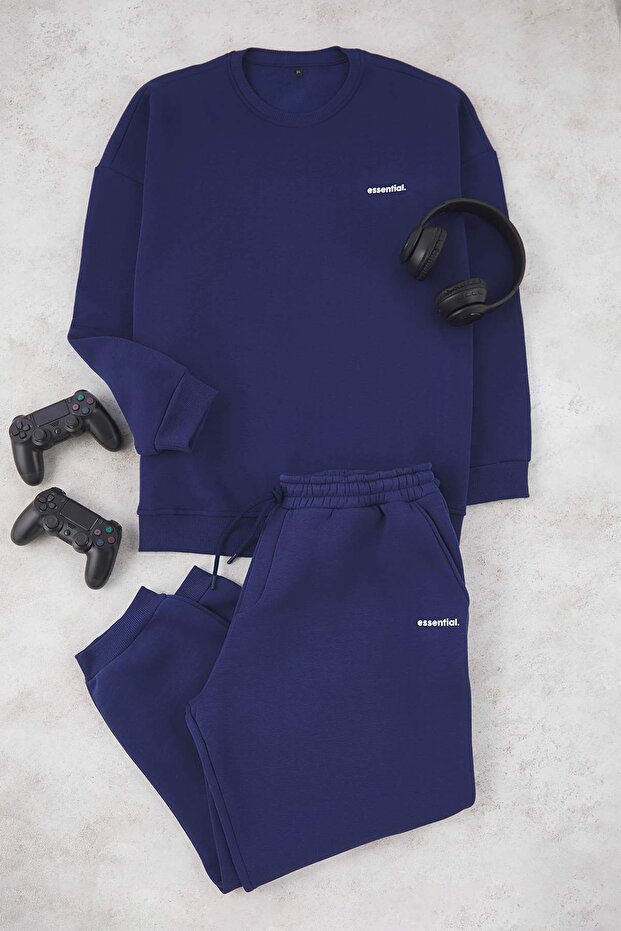 Büyük Beden Açık Lacivert Oversize/Geniş Kesim Baskılı Sweatshirt-Eşofman Altı Takım TMNAW25TS00001 - 7