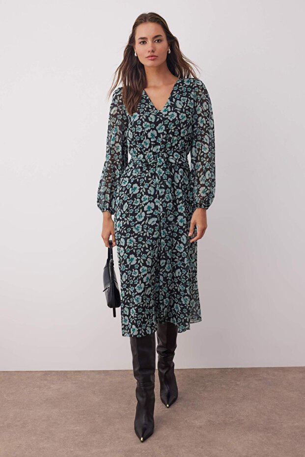 Yeşil Çiçek Desenli A-Kesim Boho Maxi Dokuma Elbise TWOAW26EL00083 - 2
