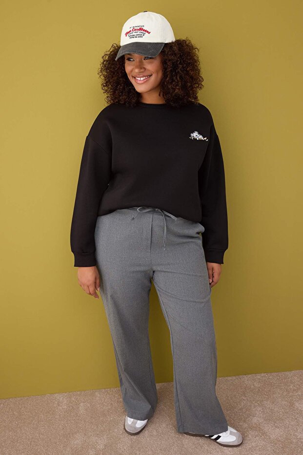 Black Animal Embroidered Regular Thick Fleece Inside Knitted Large Size Sweatshirt Tbbaw26Ao00006