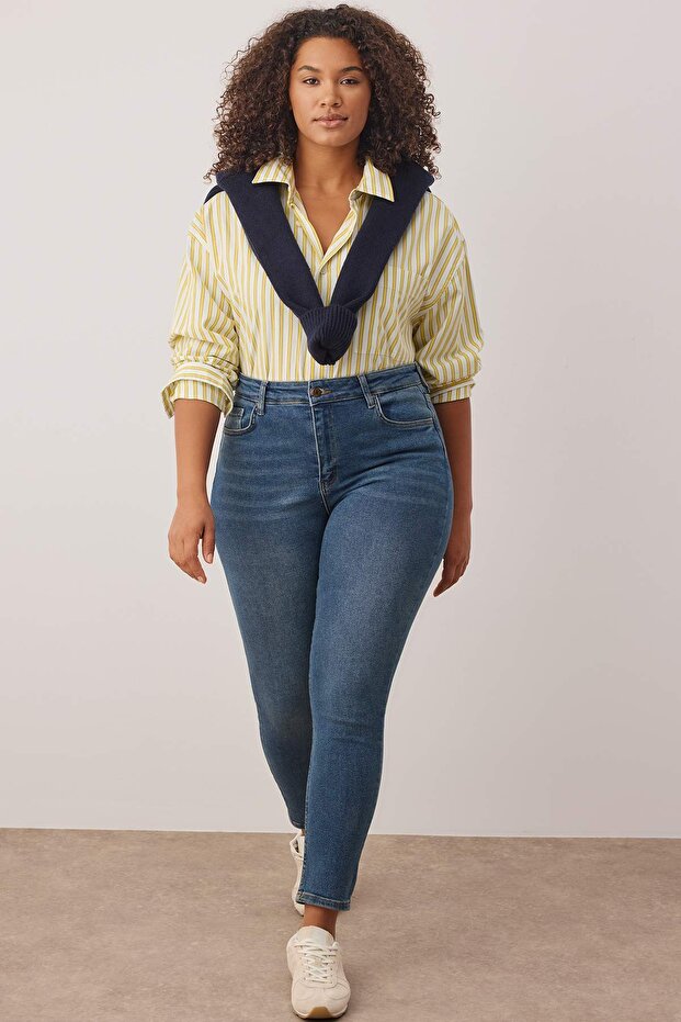 More Sustainable Lacivert Yüksek Bel Esnek Büyük Beden Skinny Jeans TBBAW24CJ00048 - 1