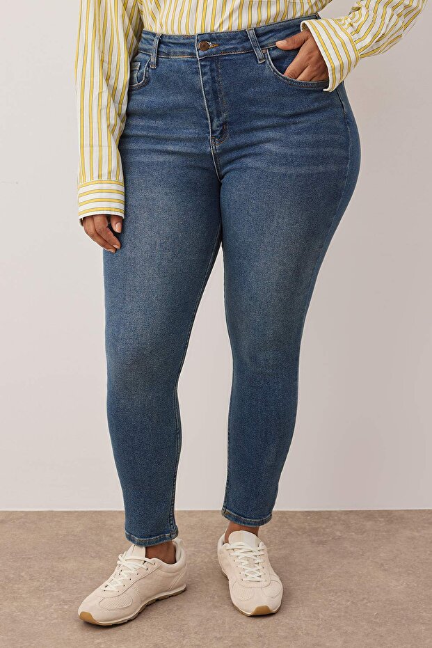 More Sustainable Lacivert Yüksek Bel Esnek Büyük Beden Skinny Jeans TBBAW24CJ00048 - 3