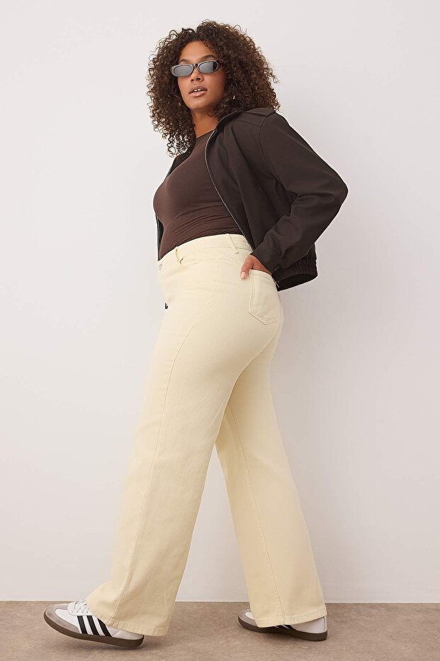 Ekru Yüksek Bel Geniş Paça Büyük Beden Wide Leg Jeans TBBAW26CJ00003 - 3