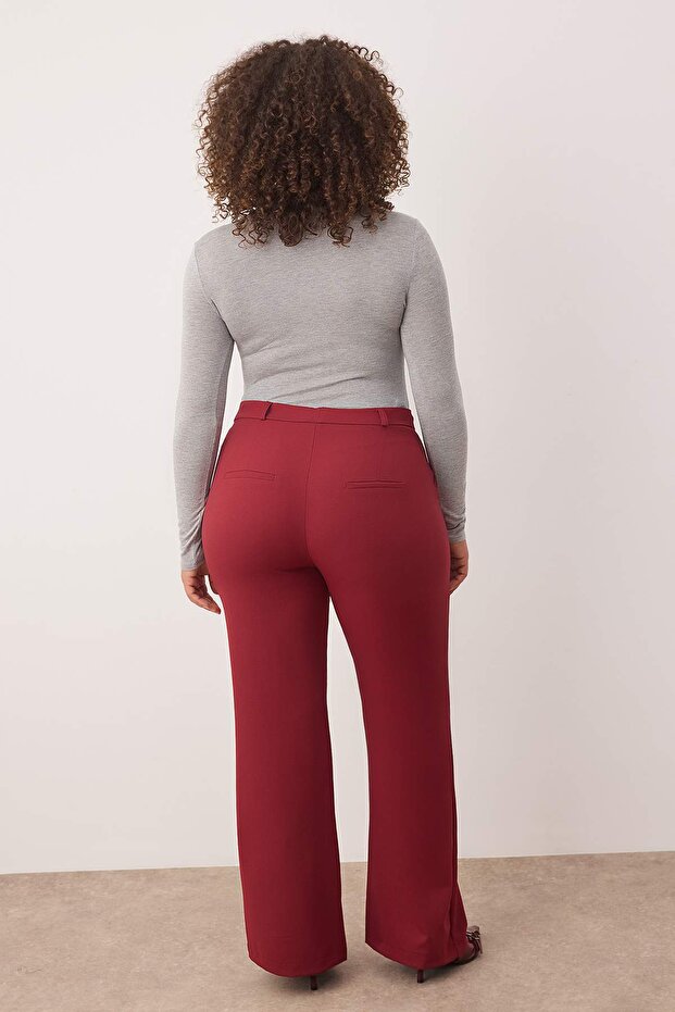 Bordo Dokuma Ayarlanabilir Bel Lastikli Büyük Beden Pantolon TBBAW26AR00010 - 5