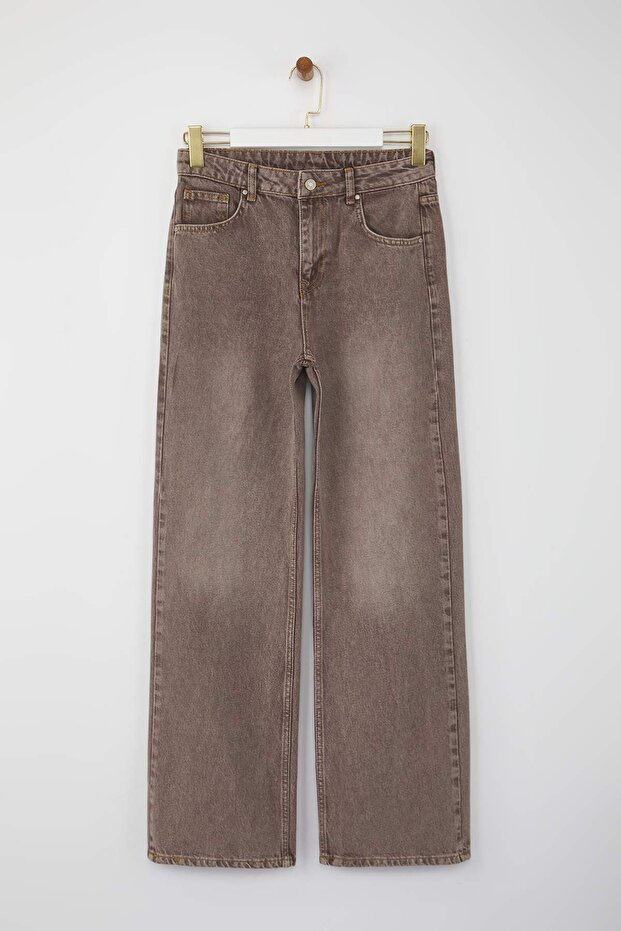 Kahverengi Yüksek Bel Vintage Yıkama Geniş Paça Wide Leg %100 Pamuk Jeans TWOAW26JE00124 - 5