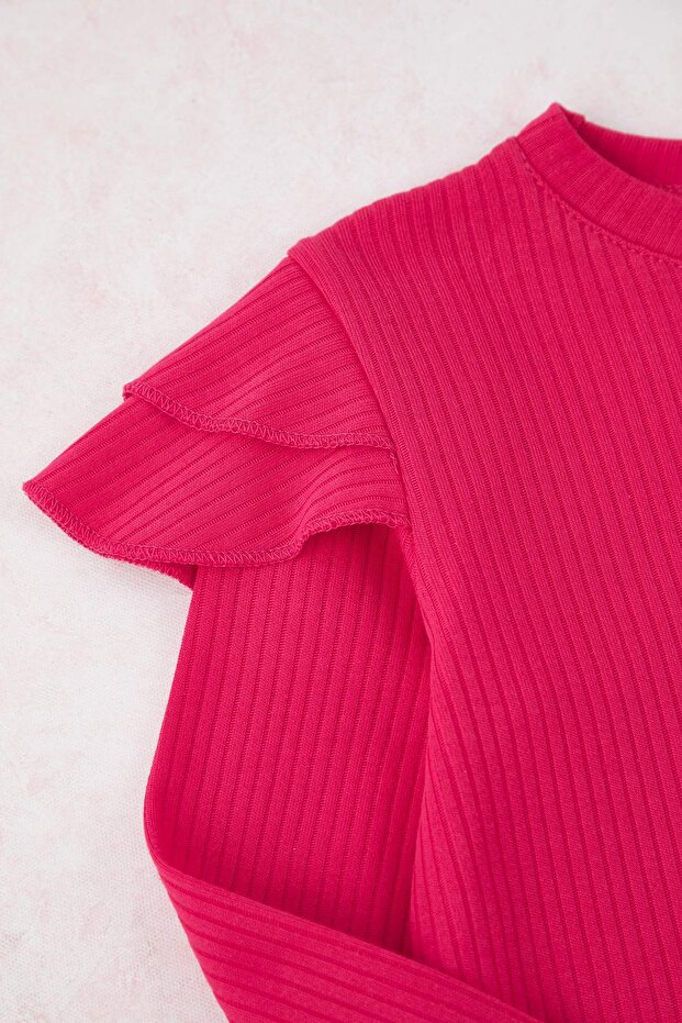 Fuşya 100% Pamuk Düz/Basic Fitilli Kız Çocuk Örme Sweatshirt Taytlı Alt-Üst Takım TKDAW25AU00051 - 3