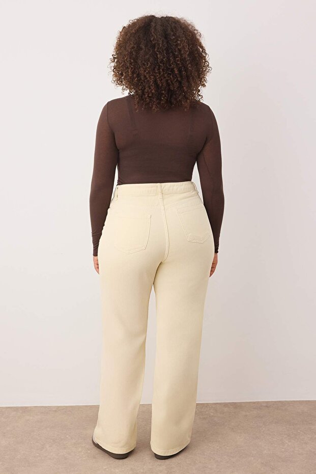 Ekru Yüksek Bel Geniş Paça Büyük Beden Wide Leg Jeans TBBAW26CJ00003 - 5