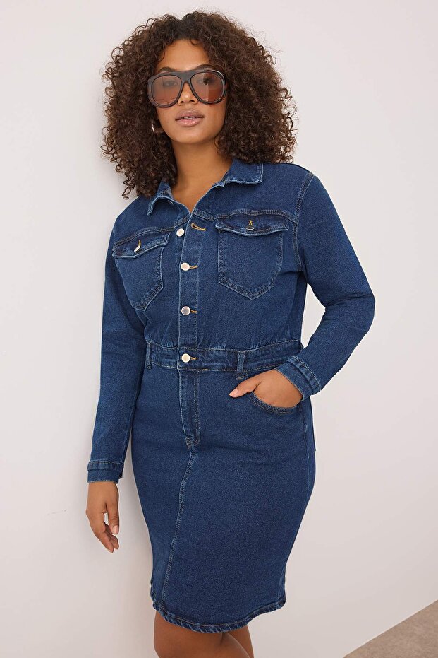 Mavi Gömlek Yaka Orta Esnek Denim Büyük Beden Elbise TBBAW26AH00015 - 2