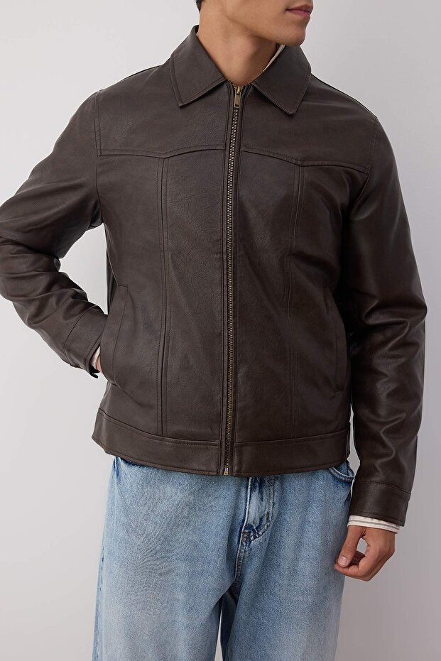 Kahverengi Regular Fit %100 PU Suni Deri Erkek Mont TMNAW26MO00010 - 3