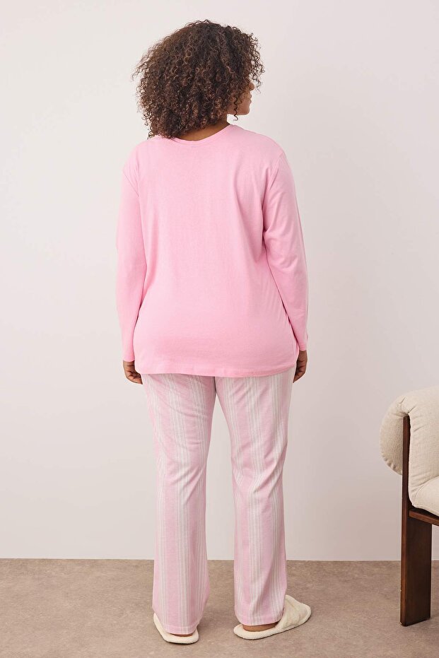 Pembe %100 Pamuklu Çizgili Örme Büyük Beden Pijama Takımı TBBAW26AI00014 - 4