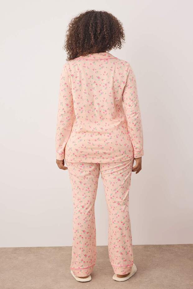 Pembe %100 Pamuklu Çiçekli Biyeli Örme Pijama Takımı TBBAW26AI00007 - 4