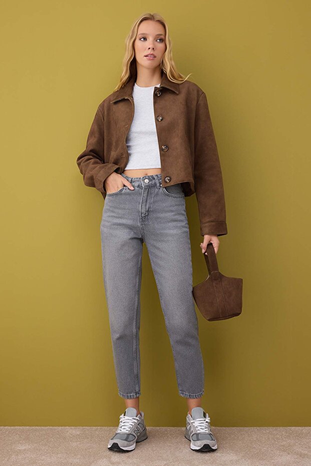 Gri Yüksek Bel Mom %100 Pamuk Non-Stretch Jeans TWOAW26JE00059 - 1