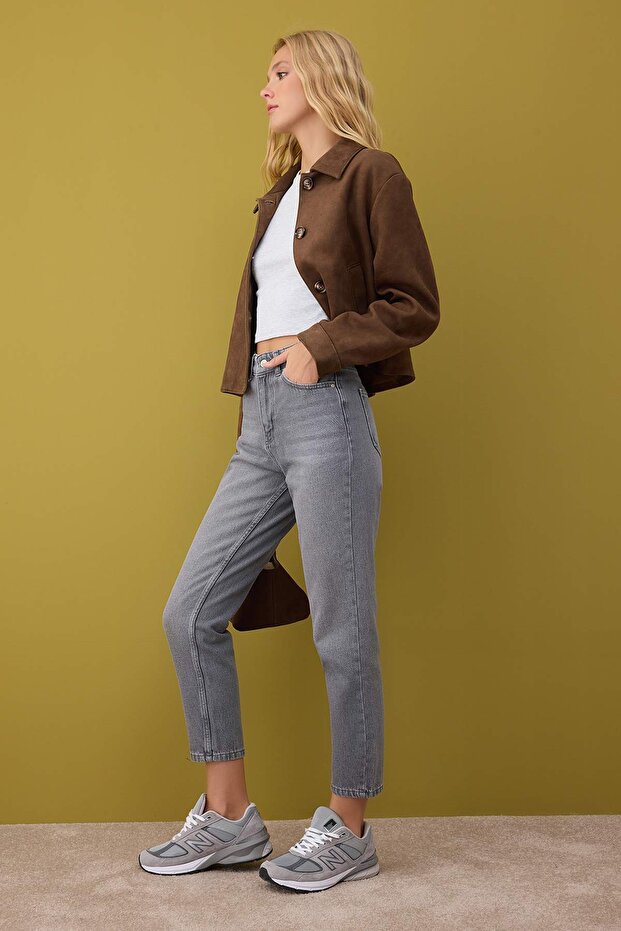 Gri Yüksek Bel Mom %100 Pamuk Non-Stretch Jeans TWOAW26JE00059 - 2