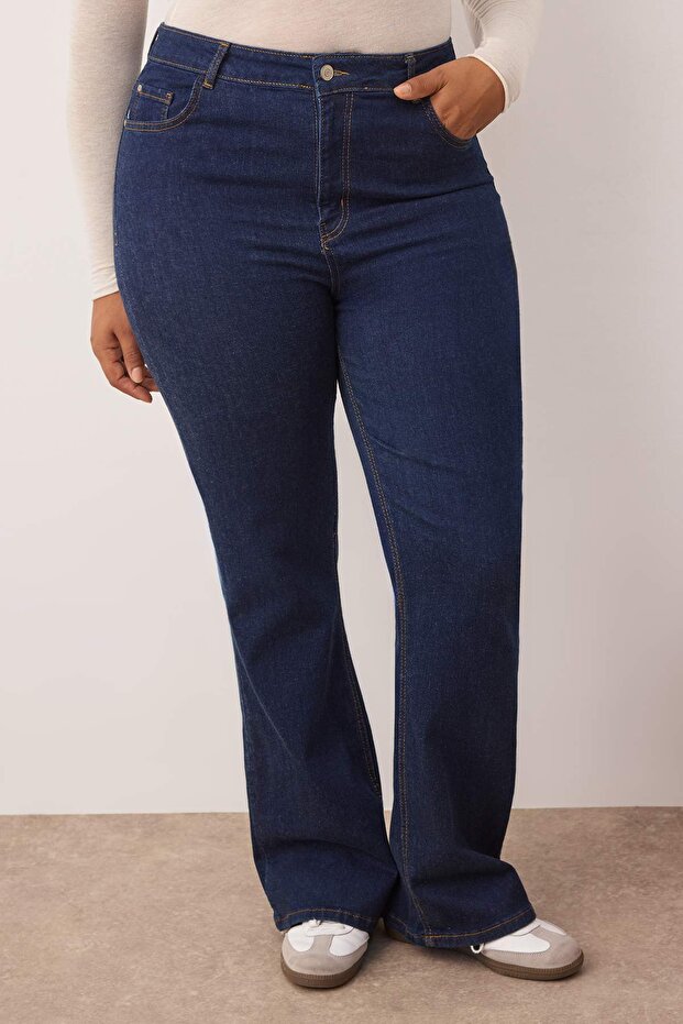 İndigo Yüksek Bel Esnek Kumaş İspanyol Paça Flare Fit Büyük Beden Jeans TBBAW23JE00001 - 3