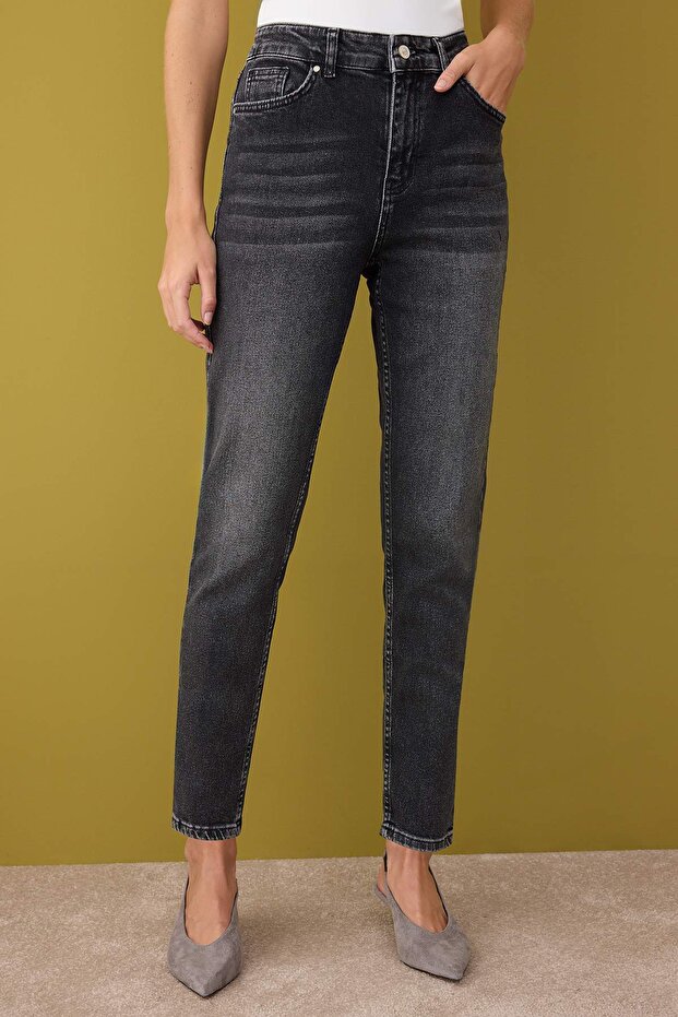Antrasit Yüksek Bel Esnek Comfort Yeni Mom Jeans TWOAW26JE00056 - 3